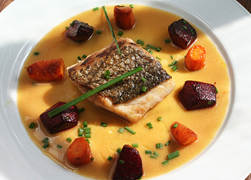 wild striped bass roasted carrots miso sauce